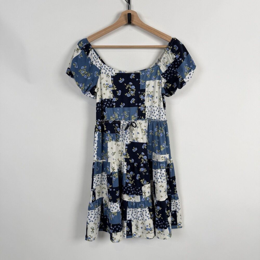 Trixxi Girl Juniors XL Mini Dress Blue Patchwork Boho Ruffle Festival  Prairie